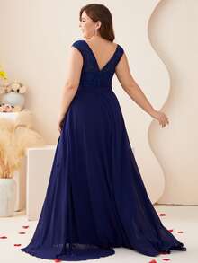 Váy phù dâu bằng vải chiffon xẻ đùi cỡ lớn cho nữ - Màu xanh hải quân - Xem 8