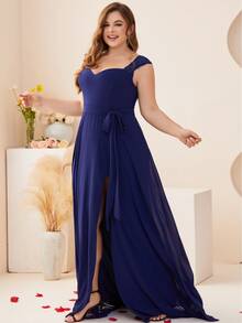 Váy phù dâu bằng vải chiffon xẻ đùi cỡ lớn cho nữ - Màu xanh hải quân - Xem 9