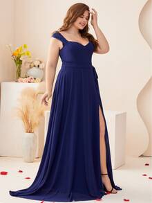 Váy phù dâu bằng vải chiffon xẻ đùi cỡ lớn cho nữ - Màu xanh hải quân - Xem 10