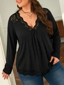 SHEIN Frenchy Camiseta unicolor con encaje en contraste - Negro - Ver 1