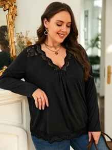 SHEIN Frenchy Camiseta unicolor con encaje en contraste - Negro - Ver 6