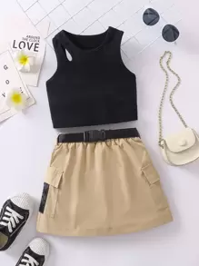 Toddler Girls Ribbed Knit Cut Out Tank Top & Flap Pocket Skirt - Multicolor - View 1