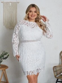 Eilly Bazar Đầm Plus Size cắt Dây kéo màu trơn Thanh lịch - trắng - Xem 1