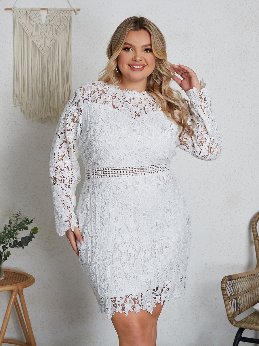 Eilly Bazar Đầm Plus Size cắt Dây kéo màu trơn Thanh lịch - trắng - Xem 1