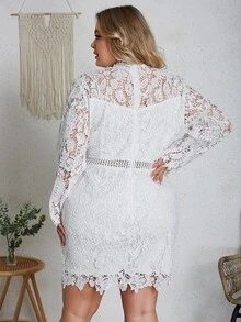 Eilly Bazar Đầm Plus Size cắt Dây kéo màu trơn Thanh lịch - trắng - Xem 2