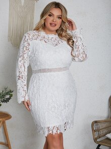 Eilly Bazar Đầm Plus Size cắt Dây kéo màu trơn Thanh lịch - trắng - Xem 4