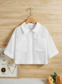 SHEIN Tween Girl Casual Loose Fit Drop Shoulder Button-Up Shirt With Dual Pockets - White - View 1
