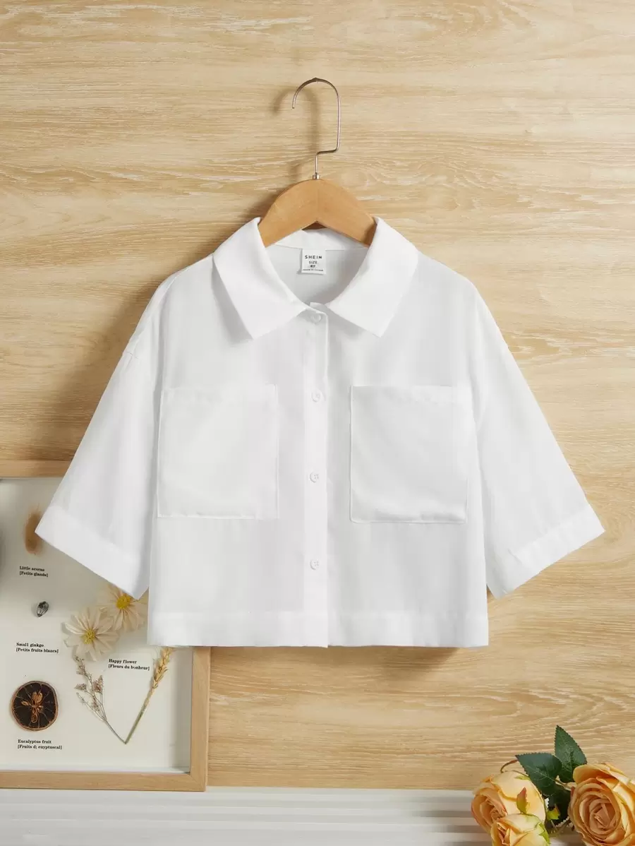 SHEIN Tween Girl Casual Loose Fit Drop Shoulder Button-Up Shirt With Dual Pockets - White - View 1