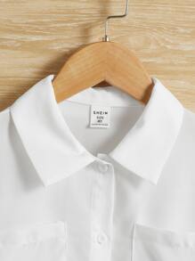 SHEIN Tween Girl Casual Loose Fit Drop Shoulder Button-Up Shirt With Dual Pockets - White - View 3