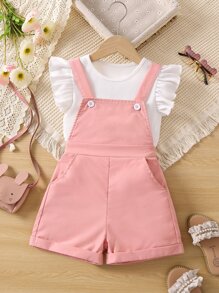 SHEIN Genkimix Kids Young Girl Color Block Casual Simple Fashionable Sweet Lovely Round Neck With Ruffle Sleeve 2pcs Set For Summer - Multicolor - View 1