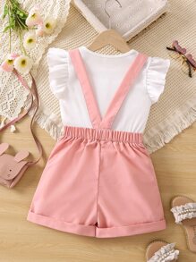 SHEIN Genkimix Kids Young Girl Color Block Casual Simple Fashionable Sweet Lovely Round Neck With Ruffle Sleeve 2pcs Set For Summer - Multicolor - View 2