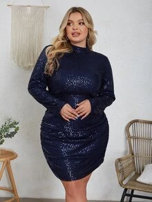 Eilly Bazar 大碼小高領褶邊亮片連衣裙 - 藏蓝色 - 查看 6