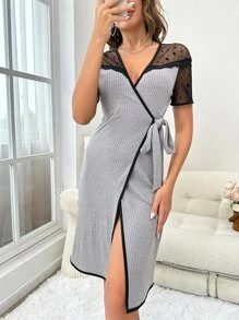 Contrast Dobby Mesh Belted Robe - Light Grey - View 5
