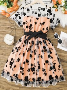 Girls Floral Print Mesh Overlay Dress - Coral Orange - View 1