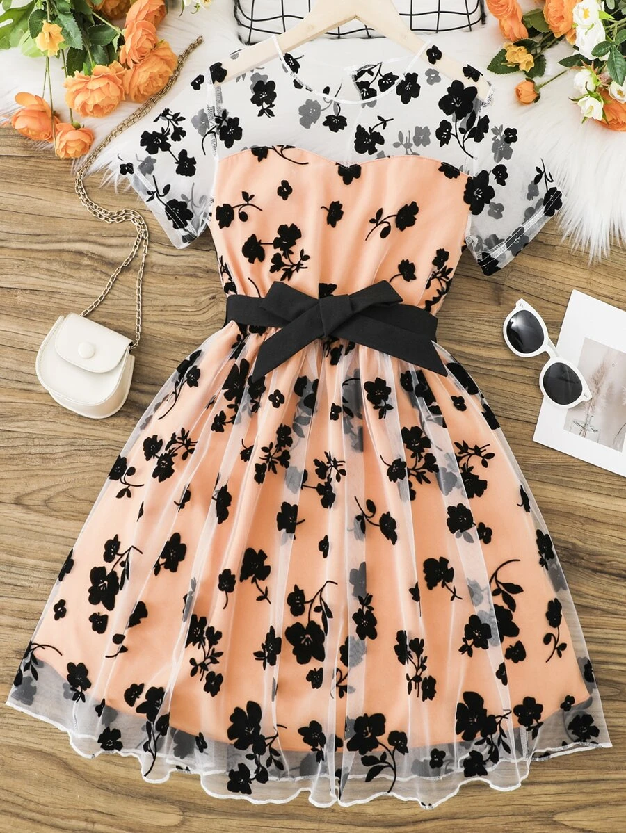 Girls Floral Print Mesh Overlay Dress - Coral Orange - View 1