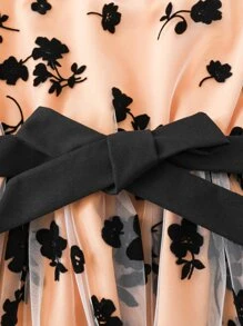 Girls Floral Print Mesh Overlay Dress - Coral Orange - View 3