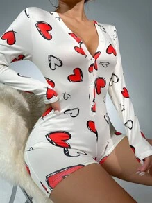 Heart Print Half Button Sleep Romper - Multicolor - View 4
