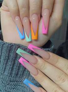 VV MEI JIA ER 使用24入組長棺材簡約虹彩假指甲和1張膠帶和1入組指甲銼打造迷人魅力 - 彩色 - 查看 1