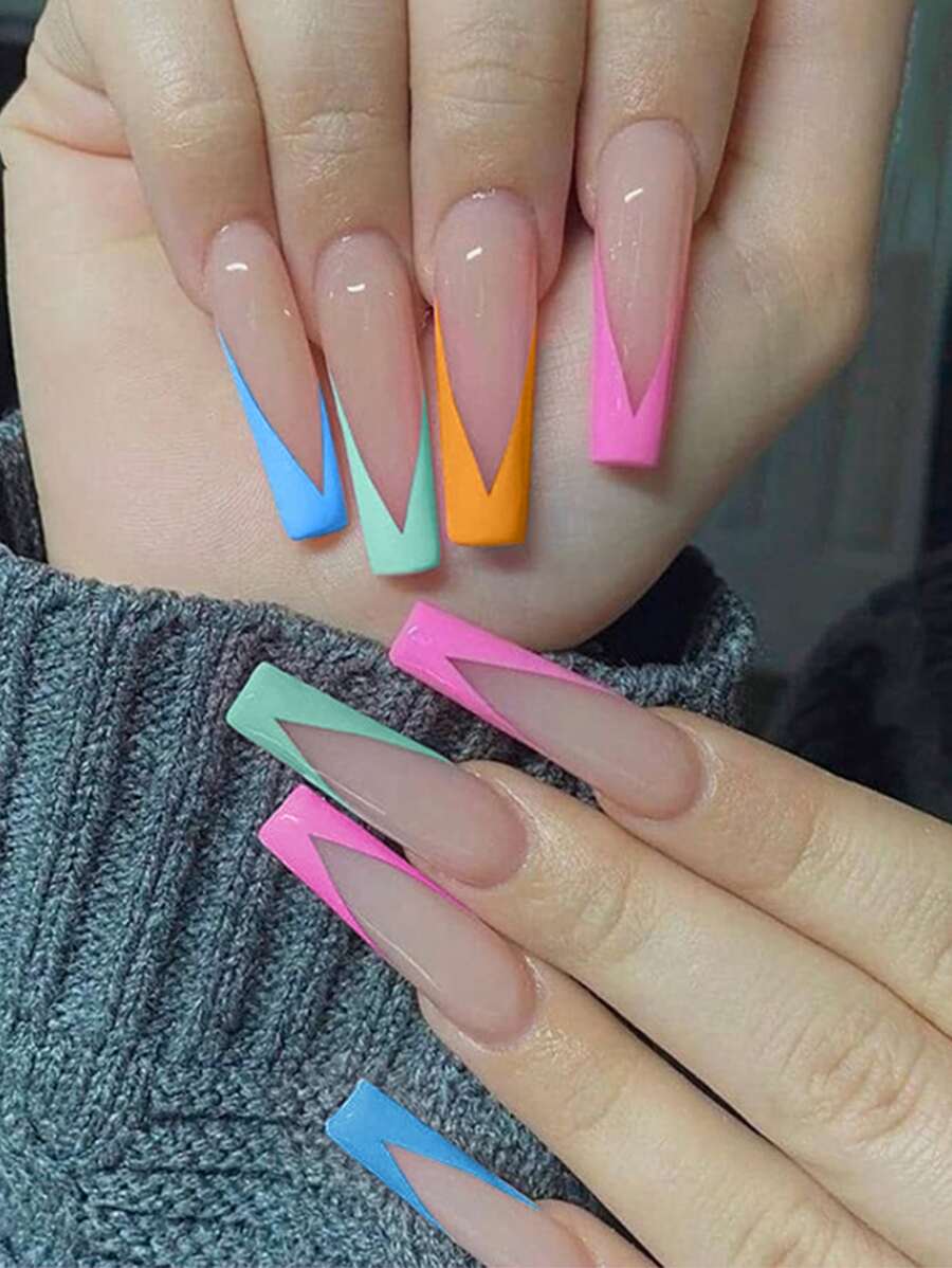 VV MEI JIA ER 使用24入組長棺材簡約虹彩假指甲和1張膠帶和1入組指甲銼打造迷人魅力 - 彩色 - 查看 1