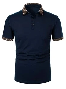 Áo thun có cổ Nam Nút Tương phản ren Nút phía trước Hình học Giải trí - Màu xanh hải quân - Xem 3