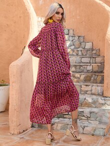 滿版印花燈籠袖連衣裙 - 玫紅色 - 查看 2