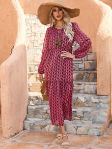 滿版印花燈籠袖連衣裙 - 玫紅色 - 查看 4