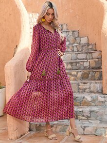 滿版印花燈籠袖連衣裙 - 玫紅色 - 查看 5