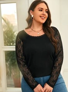 SHEIN Frenchy Plus Contrast Lace Button Back Tee - Black - View 3