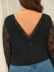SHEIN Frenchy Plus Contrast Lace Button Back Tee - Black - View 4