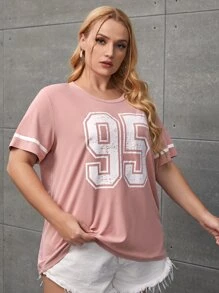SHEIN EZwear Plus Number Print Drop Shoulder Tee - Baby Pink - View 5