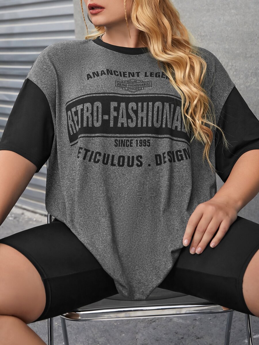 SHEIN EZwear Áo thun Plus size Khối Màu Lá thư Giải trí - Nhiều màu - Xem 1