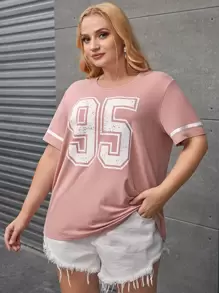 SHEIN EZwear Plus Number Print Drop Shoulder Tee - Baby Pink - View 6