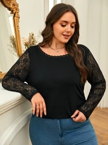SHEIN Frenchy Plus Contrast Lace Button Back Tee - Black - View 5