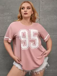 SHEIN EZwear Plus Number Print Drop Shoulder Tee - Baby Pink - View 7