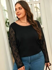 SHEIN Frenchy Plus Contrast Lace Button Back Tee - Black - View 6