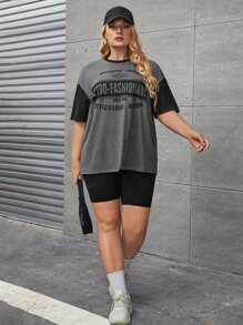 SHEIN EZwear Áo thun Plus size Khối Màu Lá thư Giải trí - Nhiều màu - Xem 4