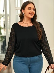SHEIN Frenchy Plus Contrast Lace Button Back Tee - Black - View 7