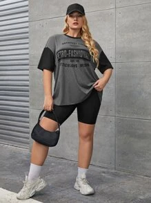 SHEIN EZwear Áo thun Plus size Khối Màu Lá thư Giải trí - Nhiều màu - Xem 7