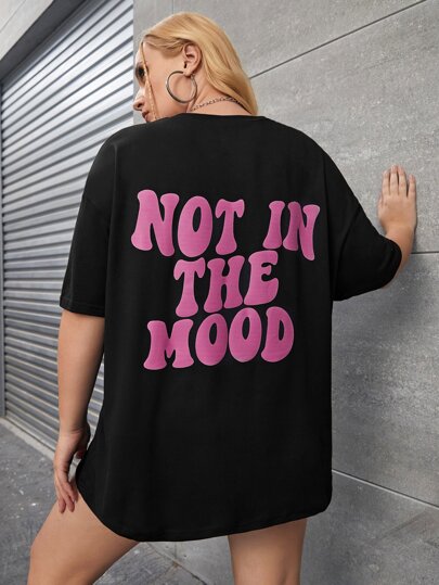 SHEIN EZwear Plus Slogan Graphic Drop Shoulder Tee, NOT IN THE MOOD, Summer