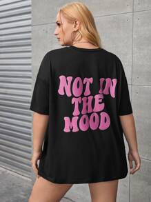 SHEIN EZwear Plus Slogan Graphic Drop Shoulder Tee, NOT IN THE MOOD, Summer - Black - View 2