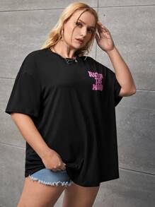 SHEIN EZwear Plus Slogan Graphic Drop Shoulder Tee, NOT IN THE MOOD, Summer - Black - View 3