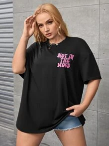 SHEIN EZwear Plus Slogan Graphic Drop Shoulder Tee, NOT IN THE MOOD, Summer - Black - View 4
