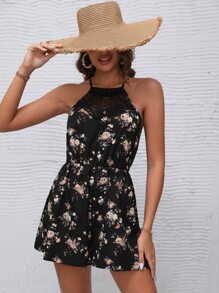 SHEIN VCAY 印花水溶蕾絲拼接繞頸連體短褲 - 黑色 - 查看 4