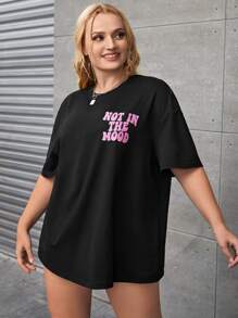 SHEIN EZwear Plus Slogan Graphic Drop Shoulder Tee, NOT IN THE MOOD, Summer - Black - View 5