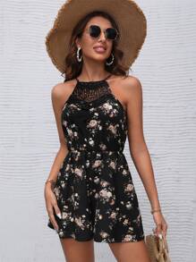 SHEIN VCAY 印花水溶蕾絲拼接繞頸連體短褲 - 黑色 - 查看 5