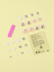 使用24入組短方形3d水鑽裝飾法式假腳趾甲和1張膠帶和1入組指甲銼立即升級您造型，適合女士和女孩 - 彩色 - 查看 2