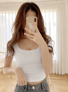 DAZY Solid Scoop Neck Crop Tee Summer - White - View 8