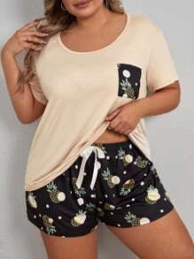 Plus 波尔卡圆点和菠萝印花系带睡衣套装/睡衣套装 - 彩色 - 查看 1