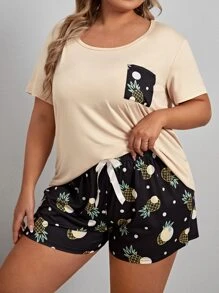 Plus 波尔卡圆点和菠萝印花系带睡衣套装/睡衣套装 - 彩色 - 查看 3