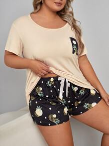 Plus 波尔卡圆点和菠萝印花系带睡衣套装/睡衣套装 - 彩色 - 查看 4